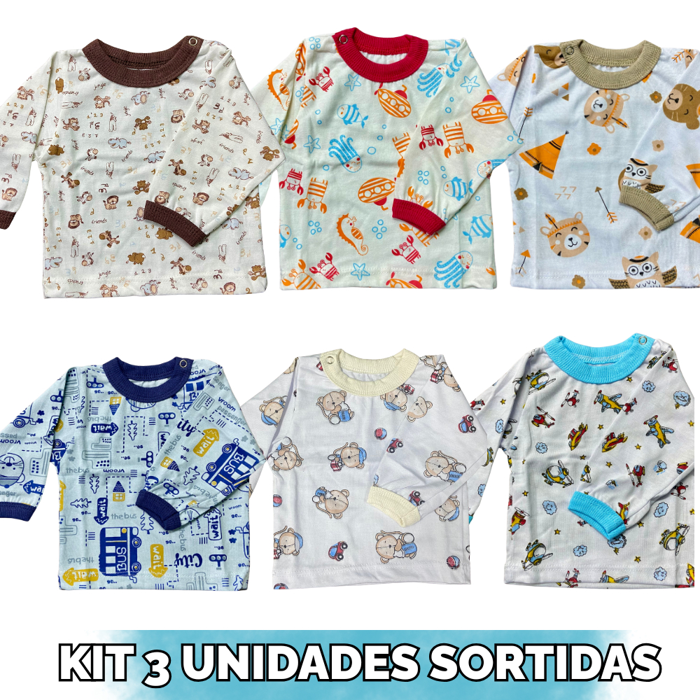 KIT 3 CAMISETAS MANGA LONGA  ESTAMPADA MASCULINA SORTIDA 1/2/3 - INCRIVEIS BABY
