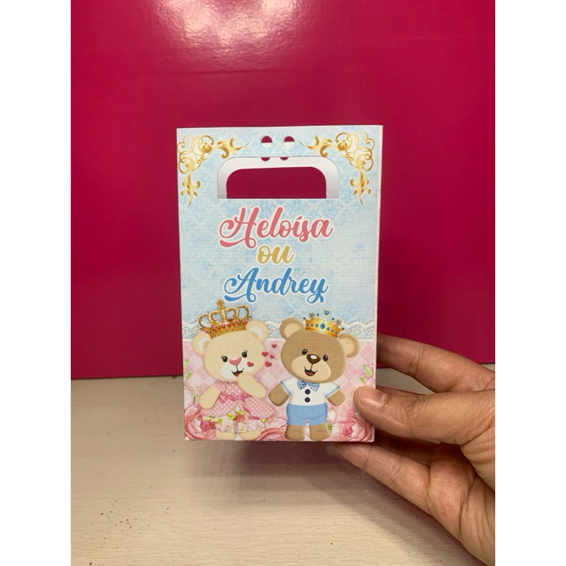 Sacolinha Personalizada 14,7x9,2x4,1cm • Lembrancinha Festa Infantil Chá Revelação Ursinho Realeza