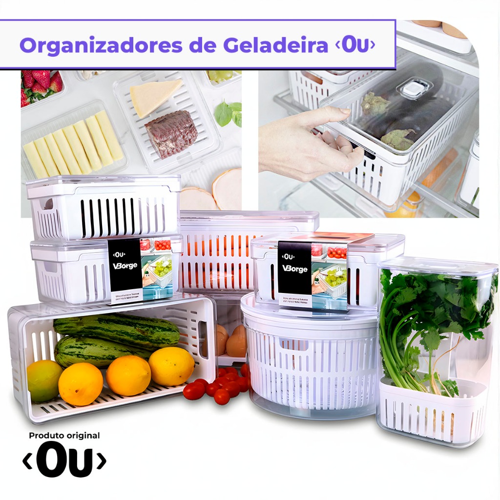 Kit Pote Organizador de Geladeira Com Tampa Multiuso Alimentos Verdura Vegetais OU