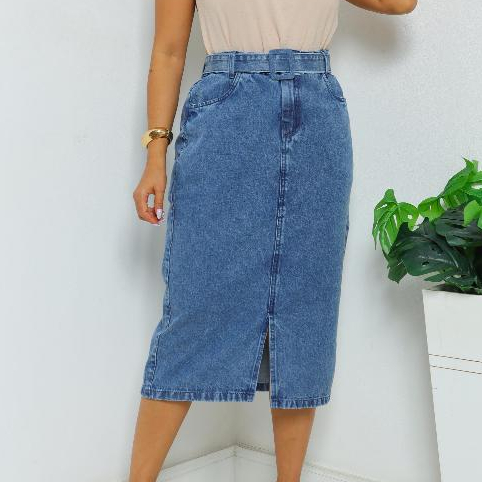 Saia Jeans Midi 100% Algodão com Fenda na Frente, Bolso e Cinto, sem Lycra em Oferta na Shopee