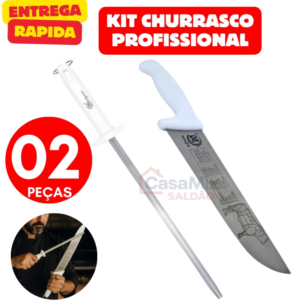 Kit Churrasco 2 ou 1 Peças Faca 10 Pol e Chaira 10 Pol Aço Inox  Profissional Açougue Cozinha Cabo Branco