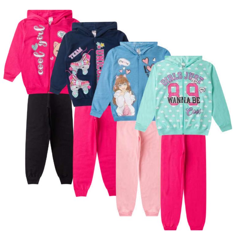 Kit 4 Peças Infantil Moletom Feminino Menina Juvenil Inverno Zíper Tamanho 1 ao 16 - 2 Casacos + 2 Calças