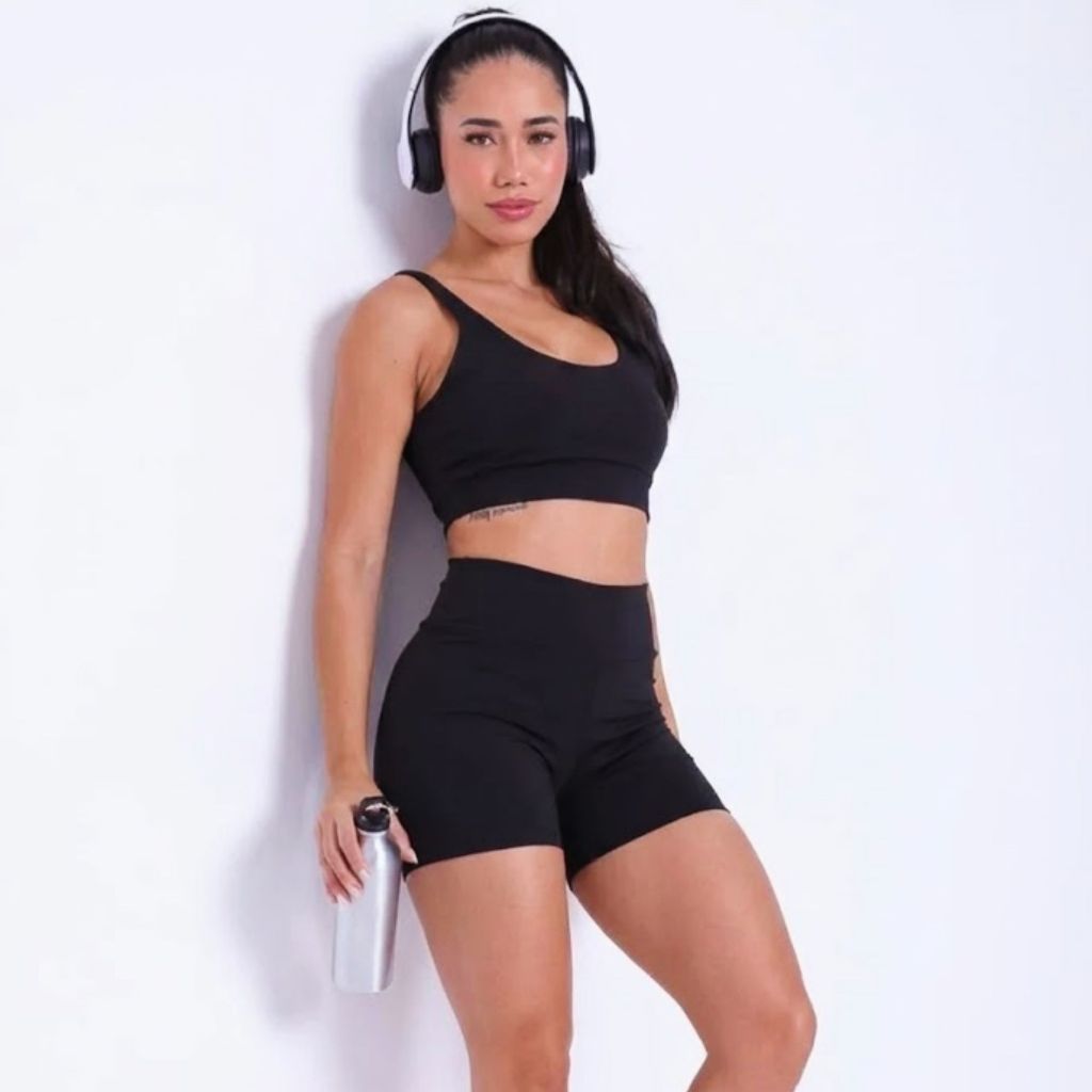 Conjunto Fitness Short + Top Preto Cintura Alta Zero Transparência Poliamida