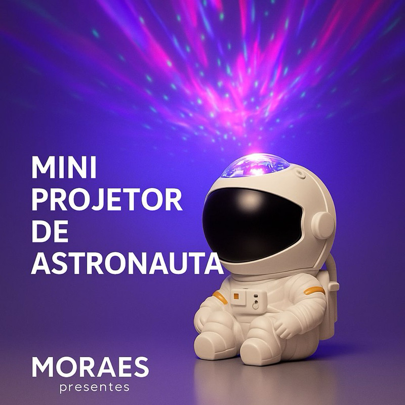 Projetor astronauta com céu estrelado, controle remoto e luz galáxia para decoração e ambiente relaxante.