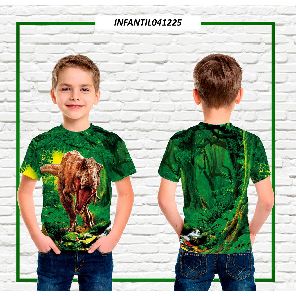 Camiseta Infantil e Adulto Dinossauro Verde  em tecido Dryfit