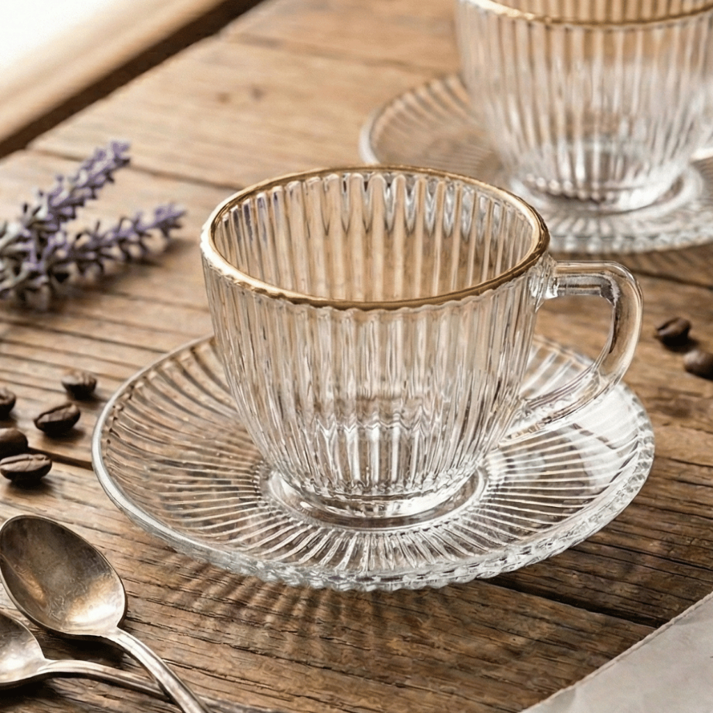 Jogo de 6 Xicaras Café Graffiato Canelado Borda Dourada Hauskraft Vidro 90ml em Oferta na Shopee