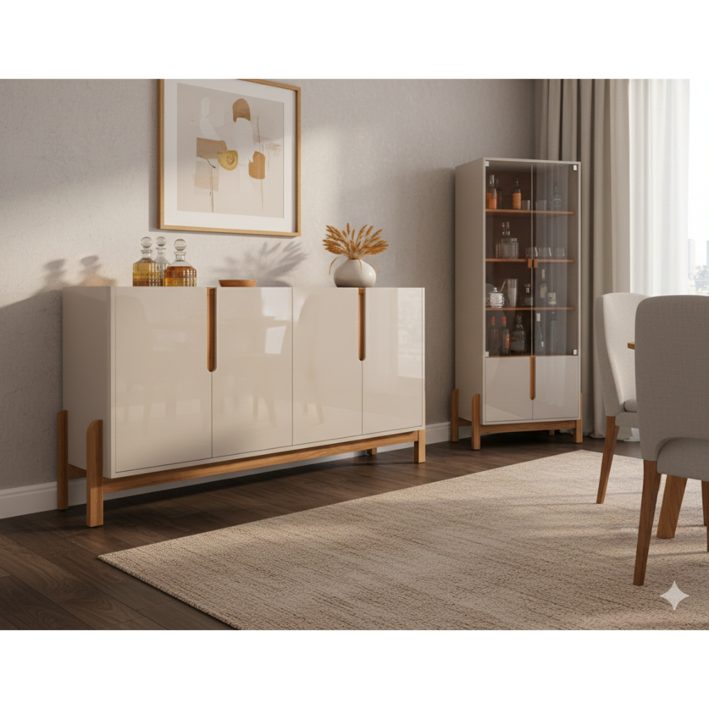 Aparador Buffet 170 Com Cristaleira LIZZ Pés Madeira Maciça