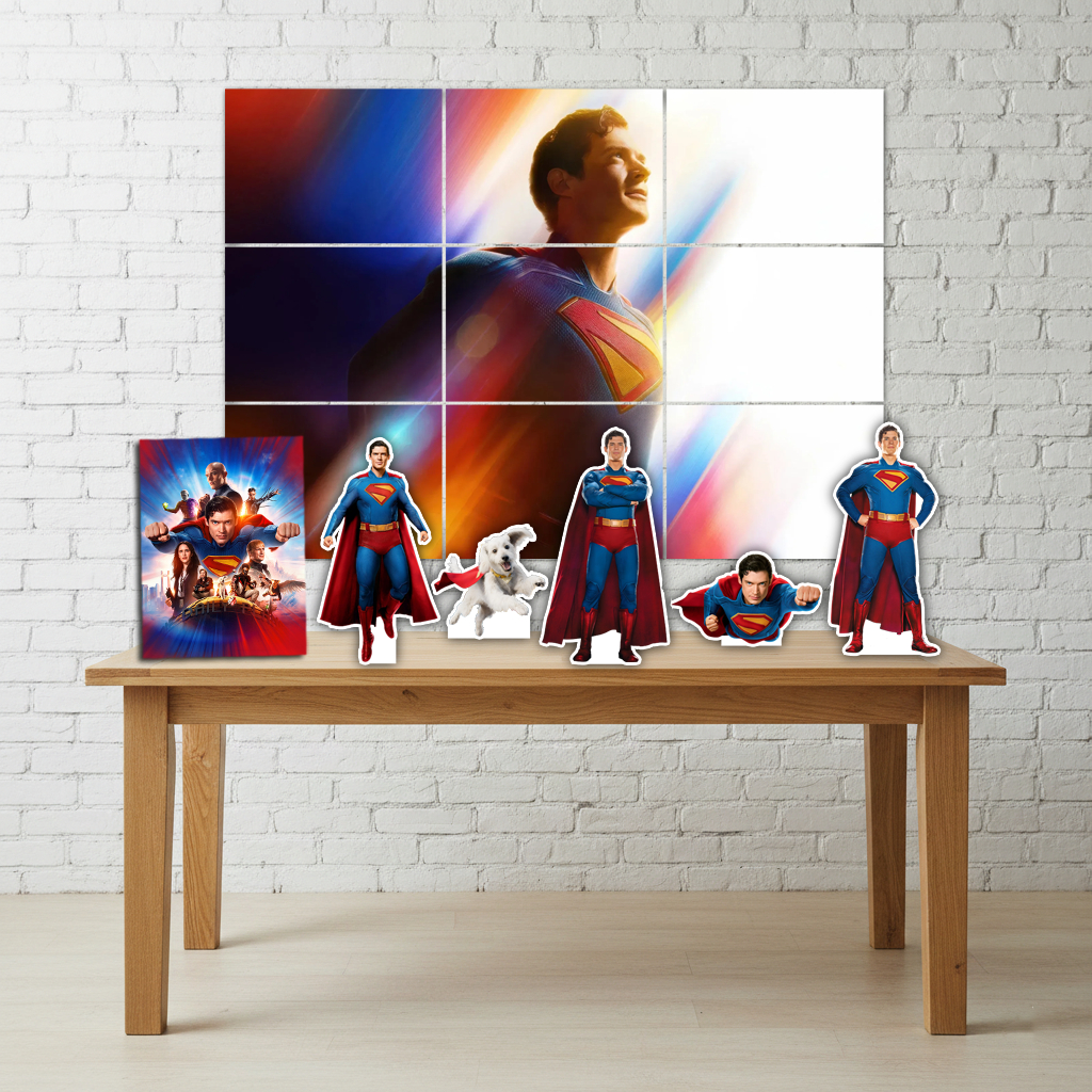 Kit Decoração Festa Infantil Painel + 5 Displays de Mesa + Quadro de Mesa - Superman Filme