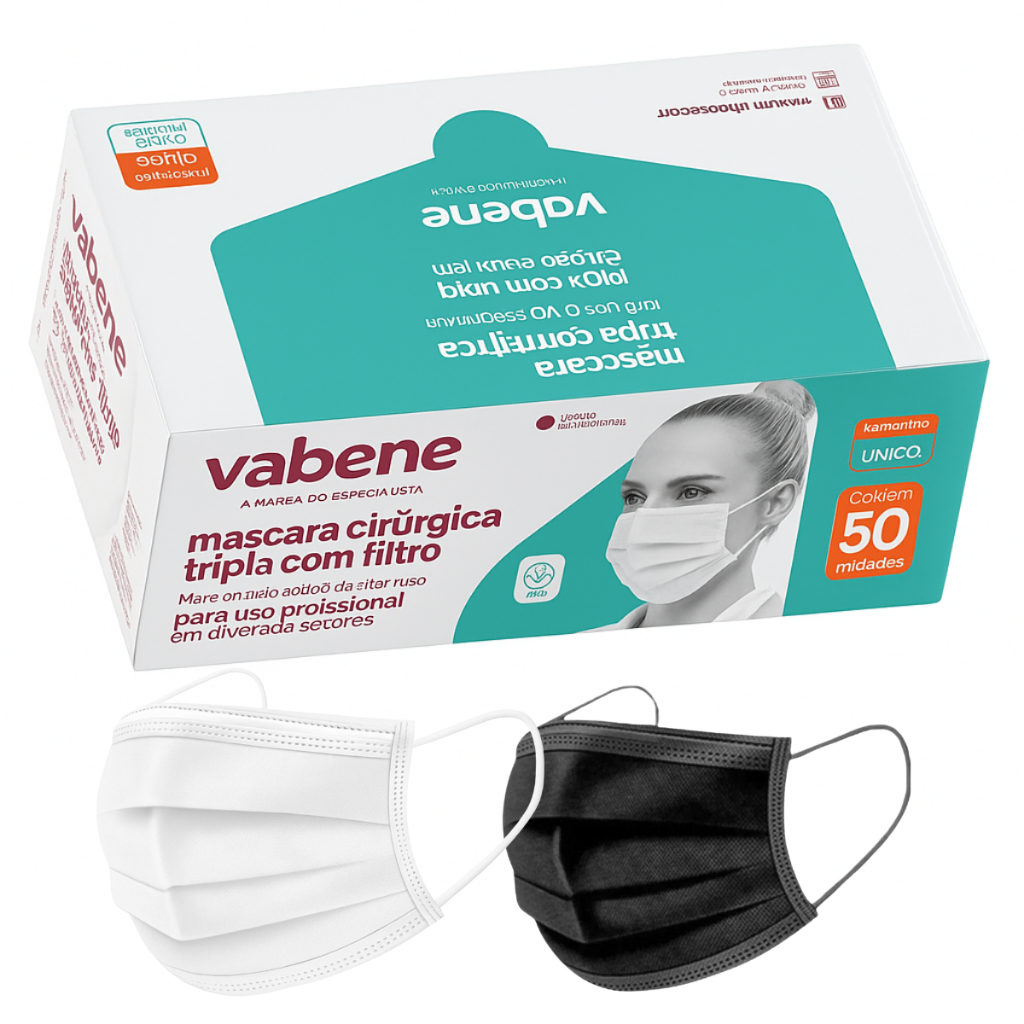 Caixa Máscara Tripla Descartável Vabene c/50 un Cada Escolha a Cor Preta ou Branca