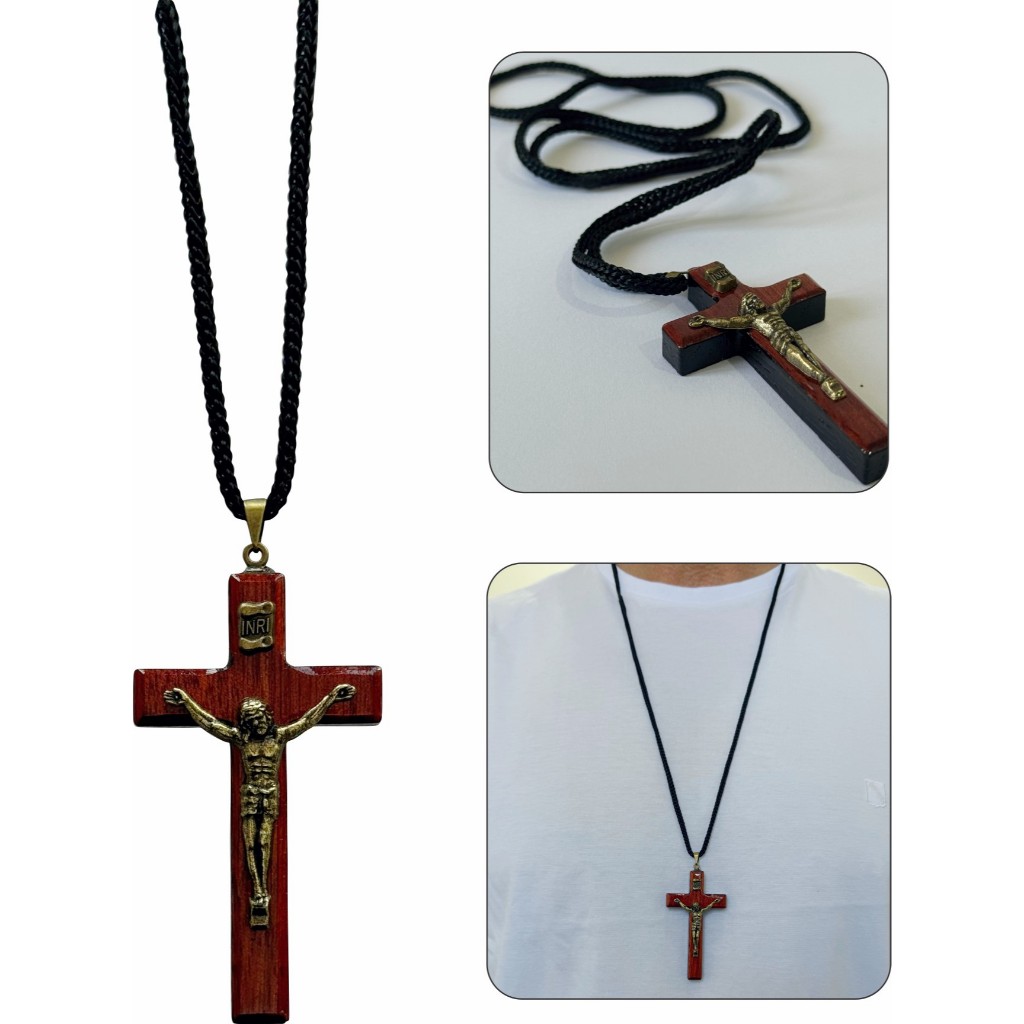 Crucifixo Madeira Colar Cruz De Pescoço Com Cristo Metal Ouro Velho Proteção Unissex Artigo Católico Religioso Grande Fé