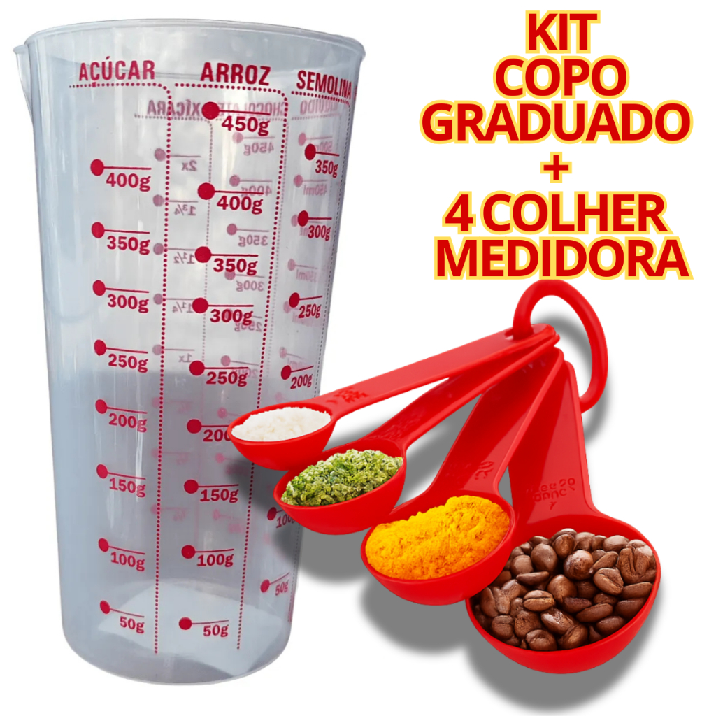 Conjunto Copo Dosador Graduado Medidor Transparente 500Ml Colher Medidora Cor Vermelho