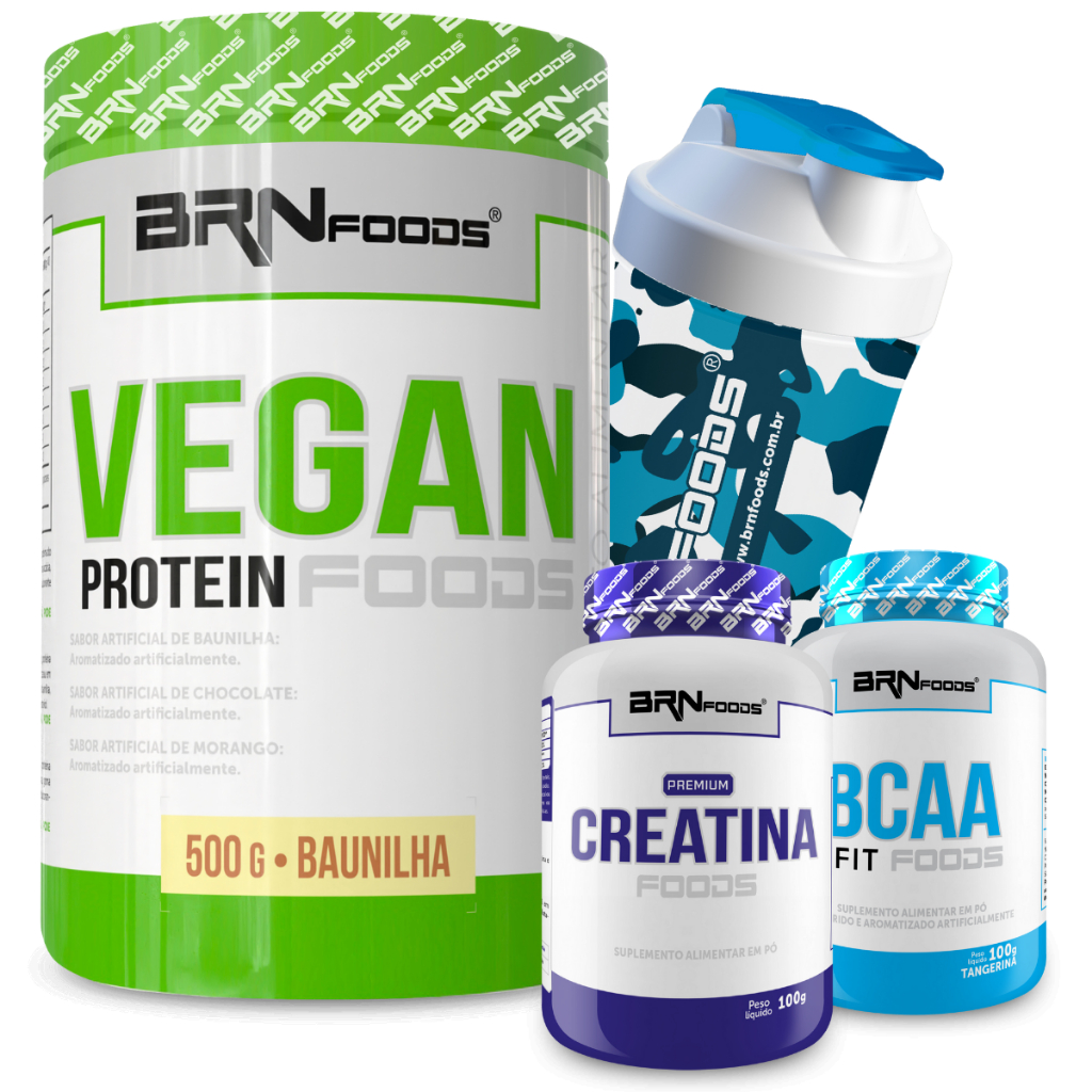 Kit Proteína Vegana Vegan Protein 500g + Creatina Premium 100g + BCAA Fit 100g + Coq - BRN Foods em Oferta na Shopee