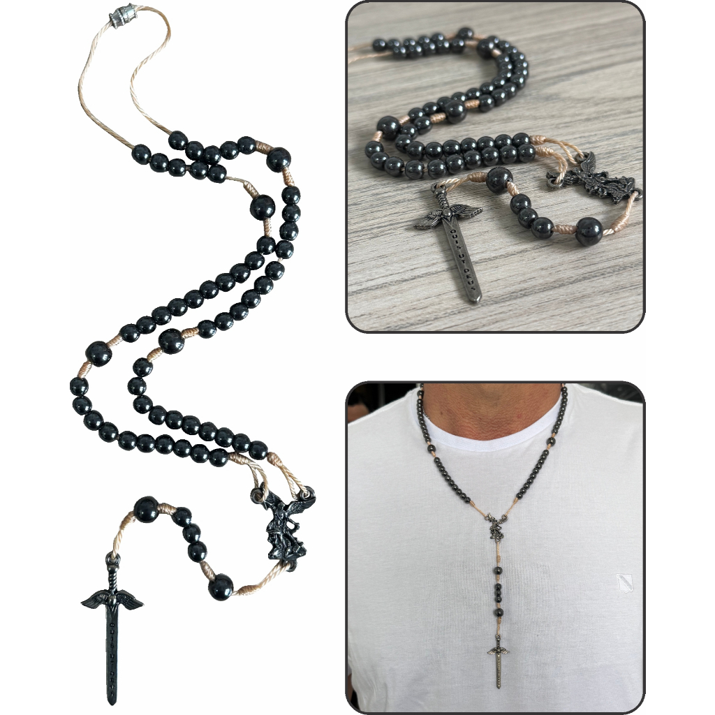 Terço São Miguel Arcanjo Hematita Colar Pescoço Masculino Proteção Espada São Miguel Católico