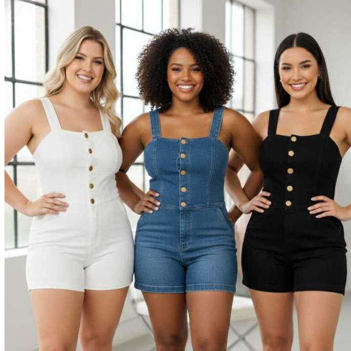 Macaquinho feminino Jeans com elastano, com alça grossa , zíper e botões em Oferta na Shopee