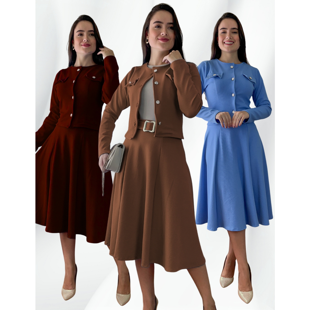 Conjunto Evangélico de 3 Peças Blazer e Saia Rodado e Cinto Botão Funcional Moda Evangélica Congreso em Oferta na Shopee
