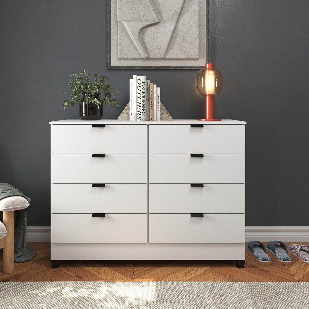 Cômoda Branca Industrial 8 Gavetas para Quarto Casal com Design Moderno, Armazenamento e Estilo Contemporâneo Mod: GK8