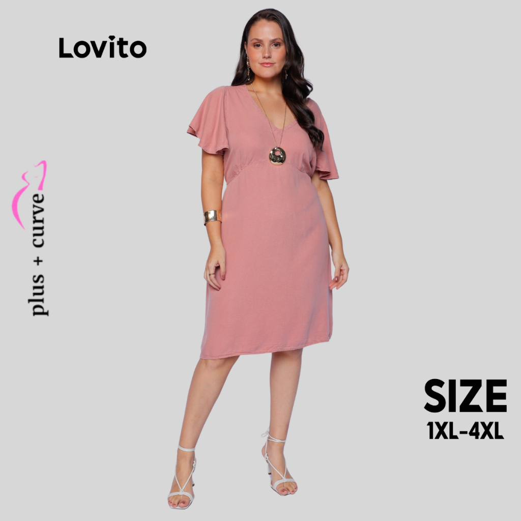 Lovito Vestido Plus Size Curto Decote V Manga Bufante Curta Feminino DRB254BRL283 em Oferta na Shopee