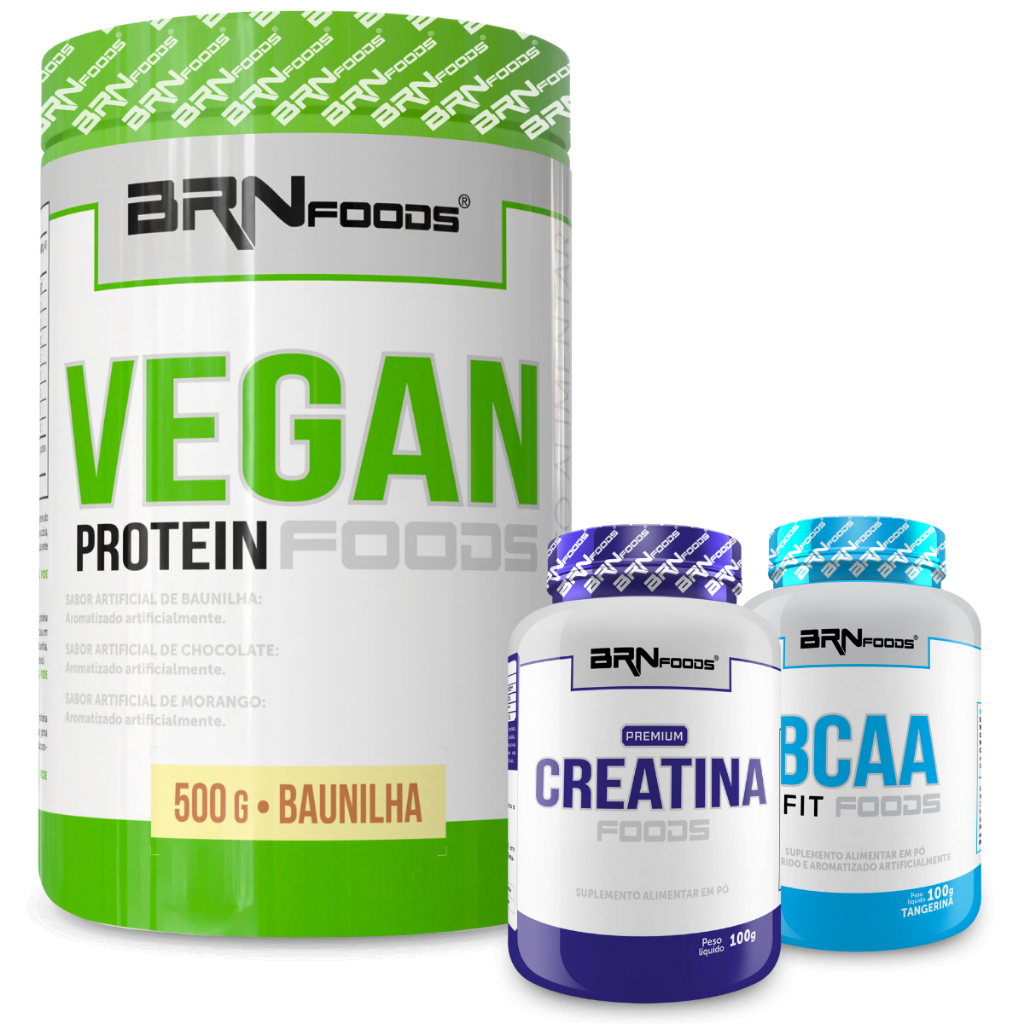 Kit Proteína Vegana Vegan Protein 500g + Premium Creatina 100g + BCAA Fit Foods 100g - BRN Foods
