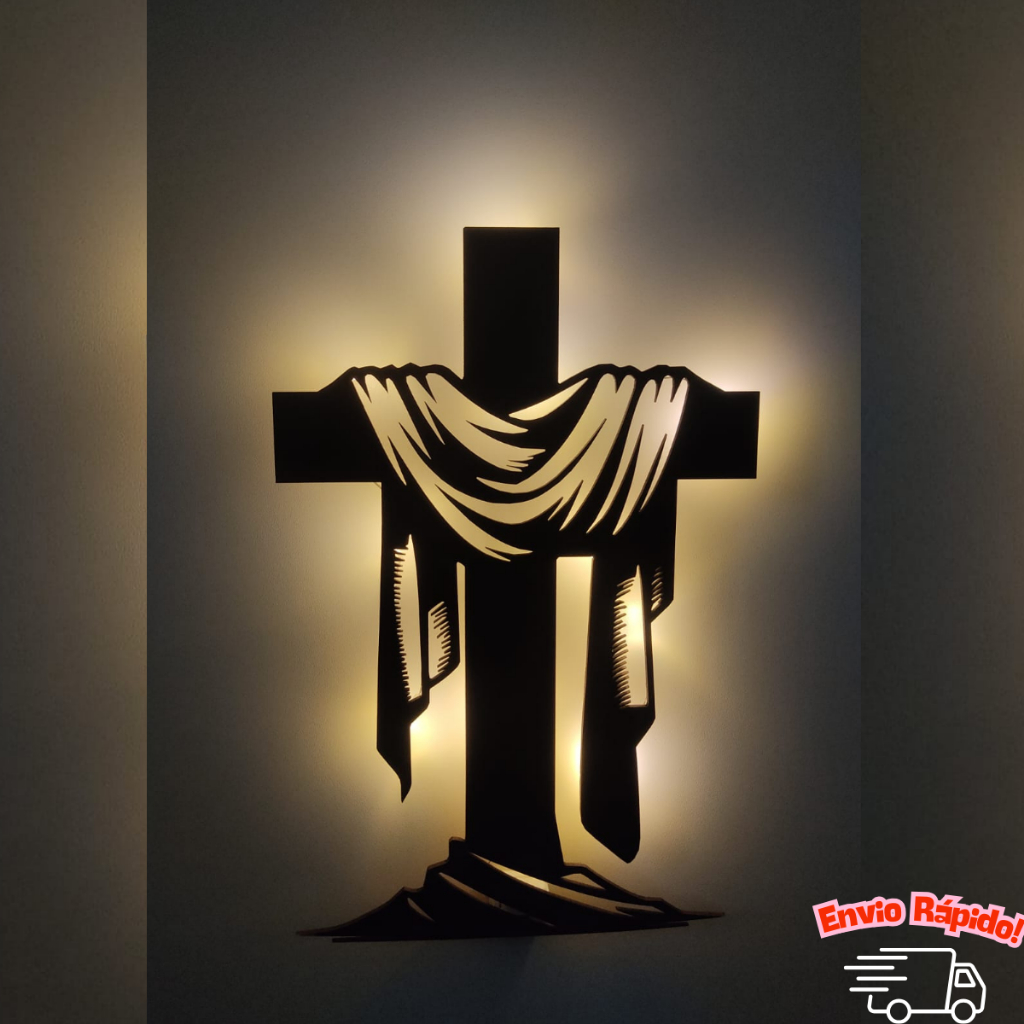 Cruz Luminosa com LED Decorativa – Parede Religiosa – Placa Iluminada Cristã Páscoa–Quarto e Sala