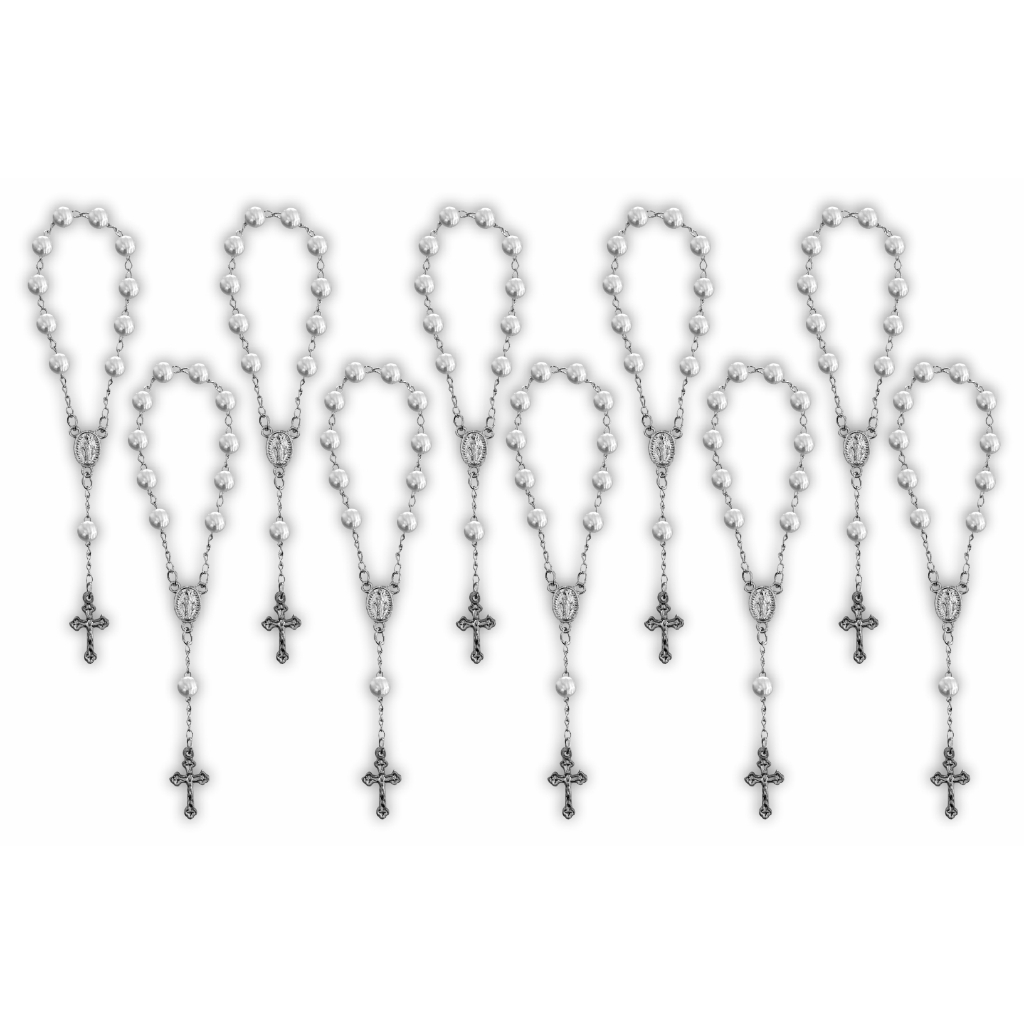 Kit 20 Dezena Mini Terço Pérola Lembrancinha Batizado Prata Atacado Promoção Primeira Comunhão Crisma Evento Mimo 13cm