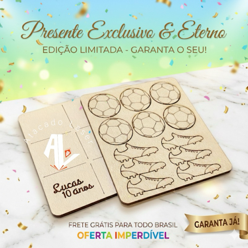 Jogo da Velha em Madeira MDF – Personalizado com Nome e Idade da Criança com diversos temas futebol/safari/bolofofos