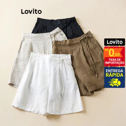 Lovito Shorts Feminino Liso Plissado de Amarrar com Bolso STNS42BX102