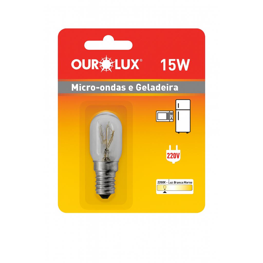 Lâmpada p/ Micro-ondas, Geladeira, Fogão, Forno 15W E14 220V 2200K Luz Amarela Ourolux