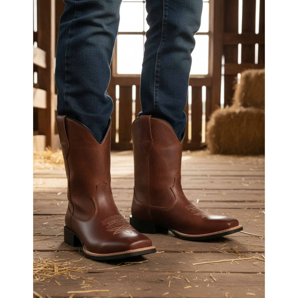 Bota Texana Masculino Cano Alto Inglaterra Montaria Rodeio Cavalhada Couro Sola Antiderrapante Látex