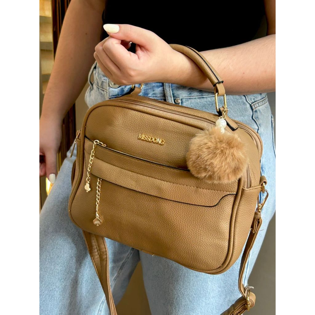 Bolsa Feminina Miss Dong Alça de Mão e Transversal Diversos Compartimentos Com Ziper e Chaveiro
