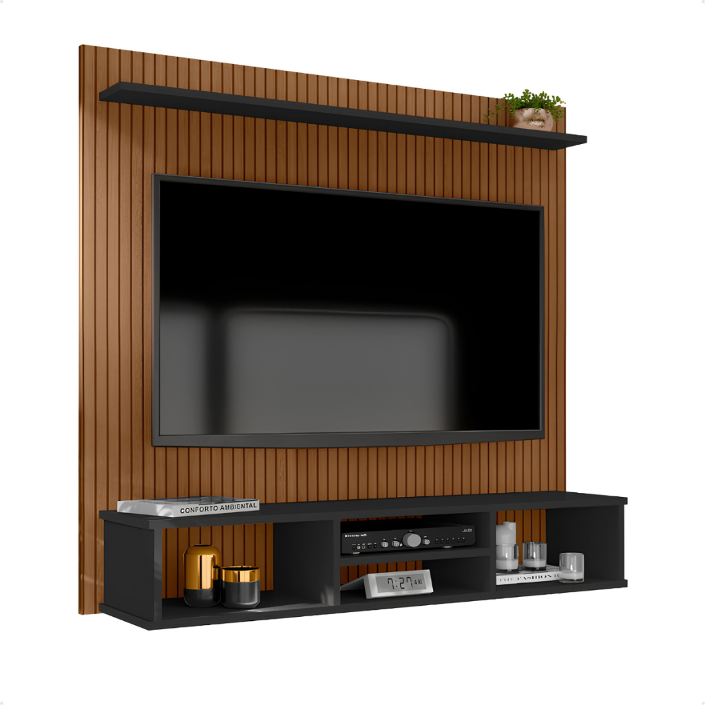 Painel Ripado para TVs de até 50 Polegadas com Nicho e Prateleira Ideal para Sala e Quarto, Suporte e Estante Integrado em Oferta na Shopee