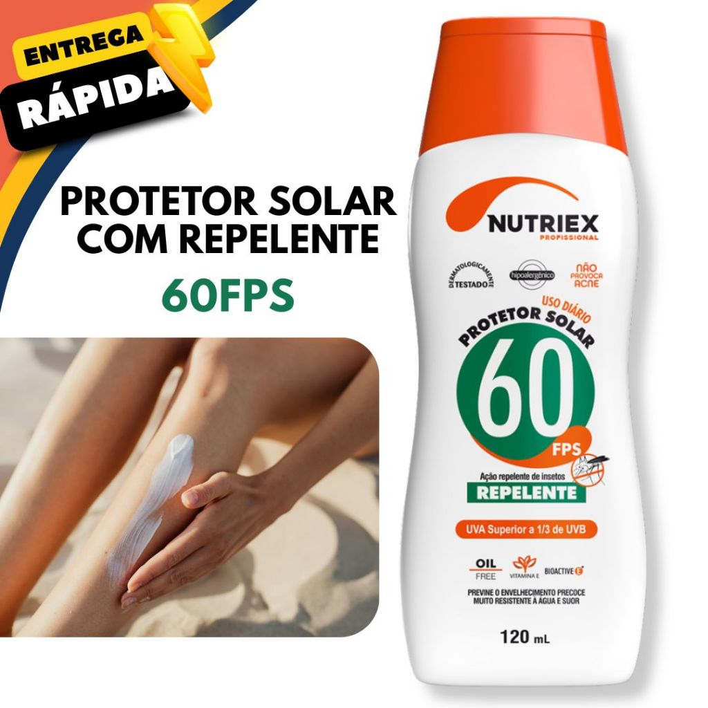 Protetor Solar com Repelente Nutriex 60FPS 120ml Praia Férias Fim de Ano Proteção Infantil Adultos Hipoalergiênico
