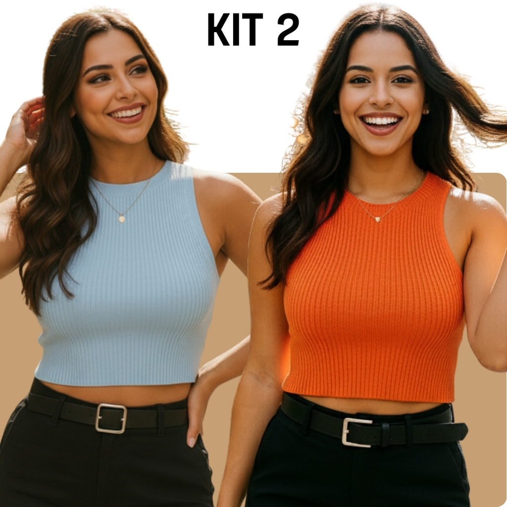 Kit 2 Blusa Cropped Tricot Modal Curta Alça Larga Canelada Moda Blogueira Confortável Feminino