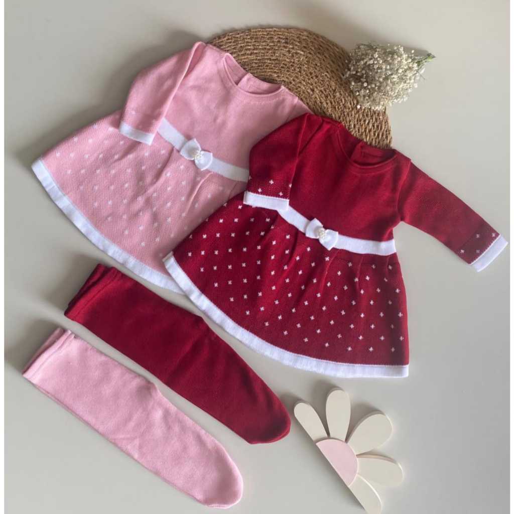 Vestido Poá mais Calça em Tricot Recém Nascido Vestido Saída Maternidade Tricô