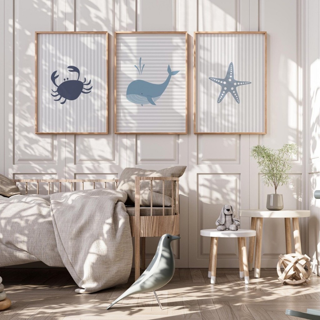 Kit 3 Quadros Decorativos Infantil | Animais Marinhos Fundo do Mar | Quarto Bebê Menina e Menino - Baleinha Joy No2