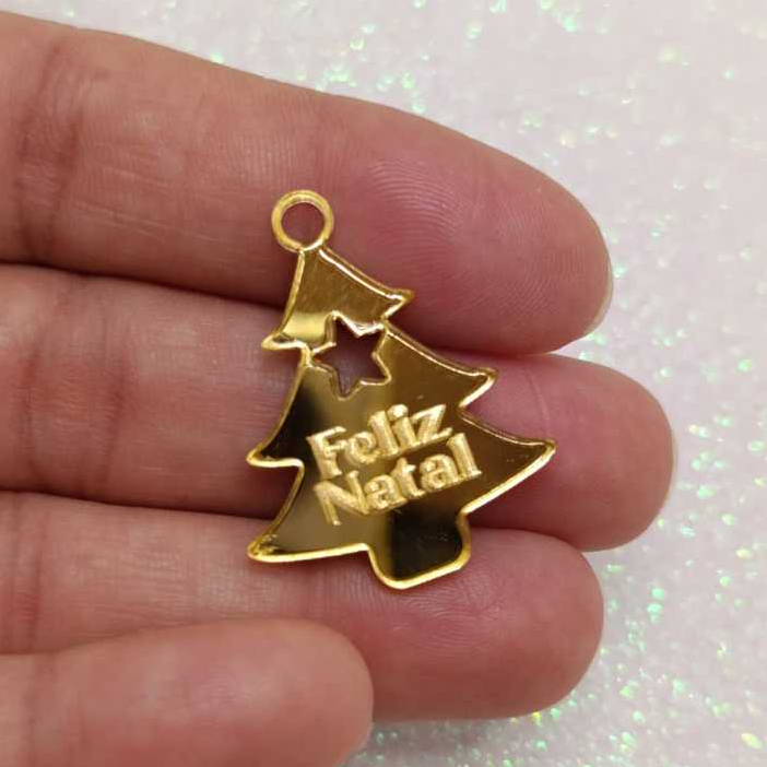 10 Unidades Aplique de Natal Pingente/Tag Aplique Espelhado Dourado - Feliz Natal 3cm