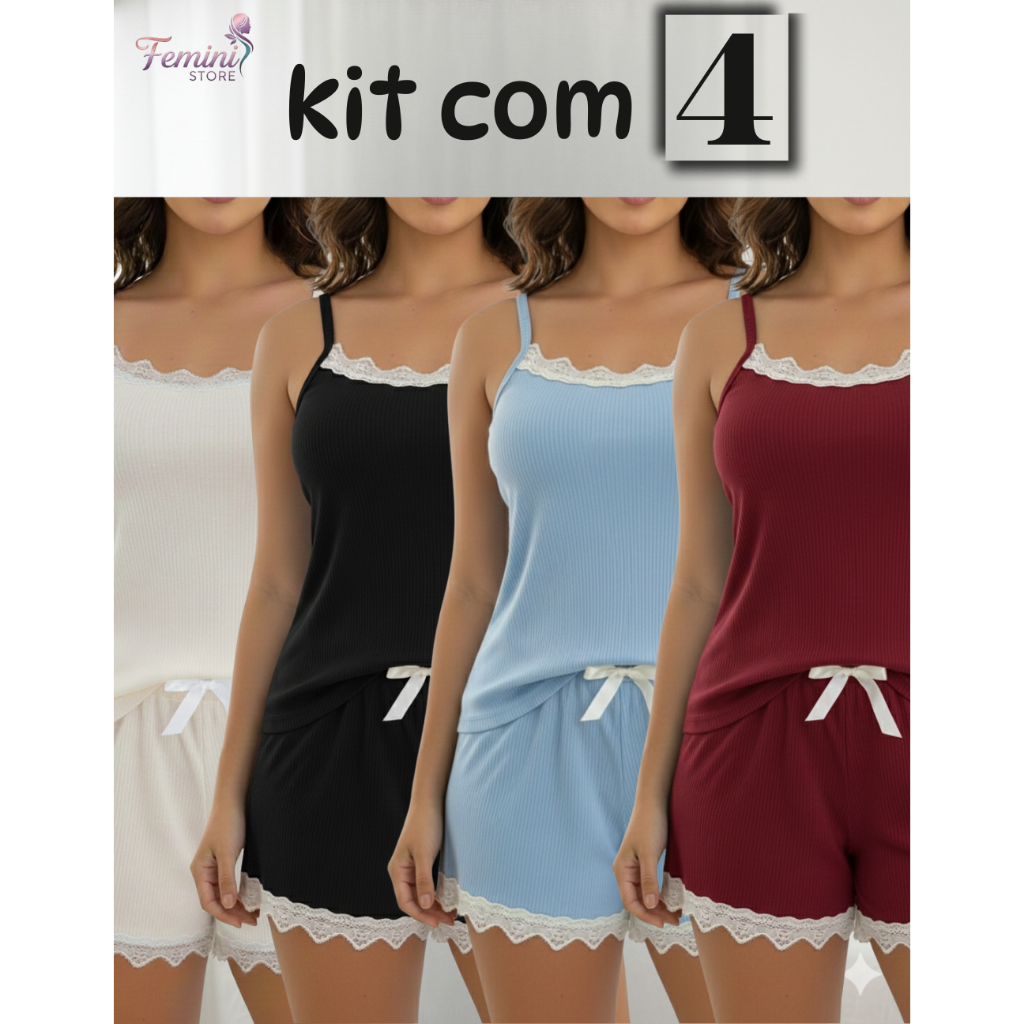 Kit 4 Conjunto Pijama Canelado com Renda l Baby Doll Feminino