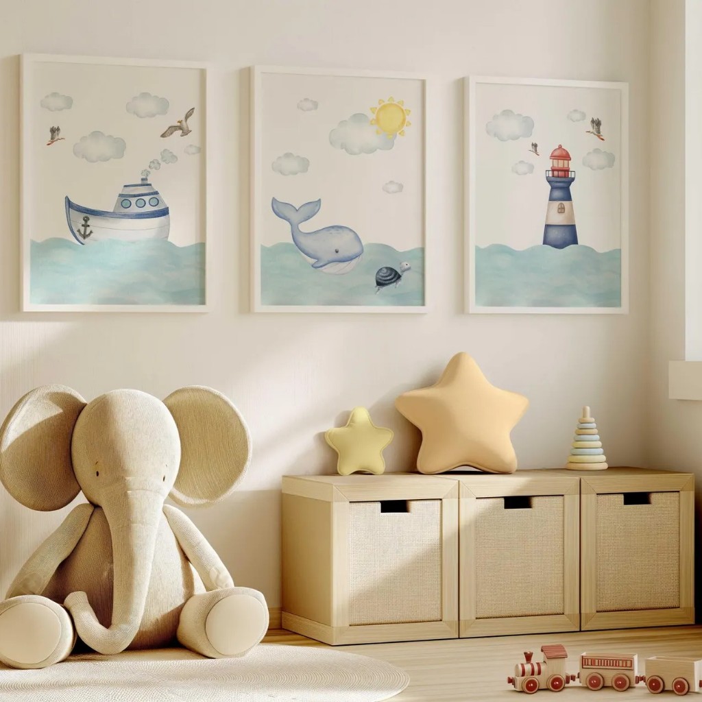 Kit 3 Quadros Decorativos Infantil | Fundo do Mar, Animais Marinhos | Quarto Bebê Menino - Ondas do Mar No2 em Oferta na Shopee