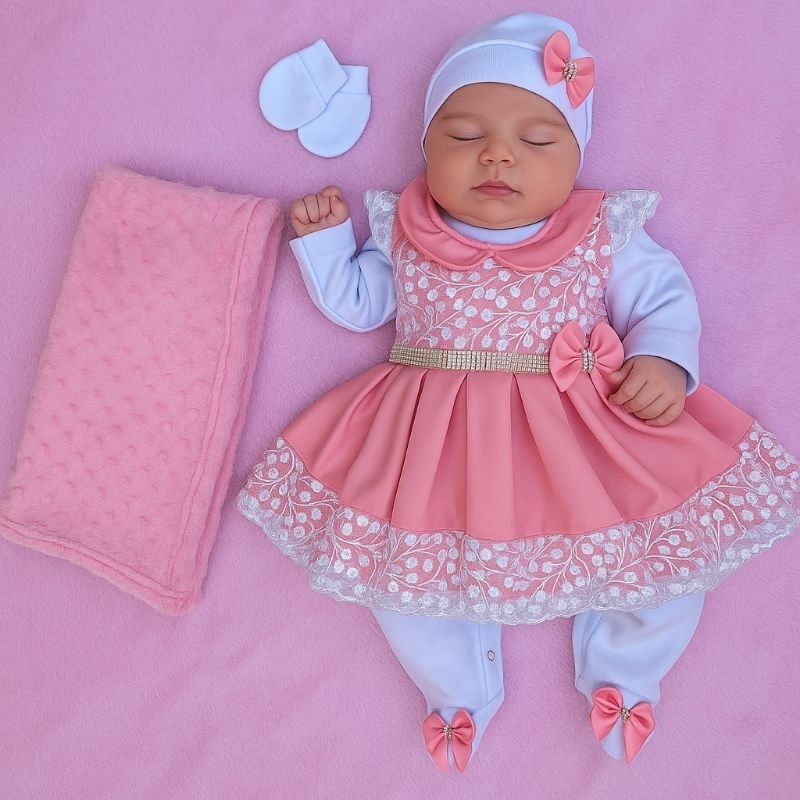 Saida de Maternidade Menina  Rosa com Renda Bordada Branca Macacão Branco em Oferta na Shopee