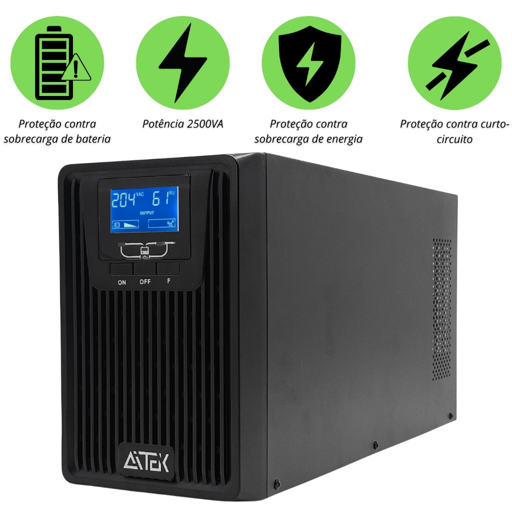 No Break Senoidal Puro 2500VA 1800W AITEK ANB OL2500P Online Bivolt Entrada Proteção para Servidores