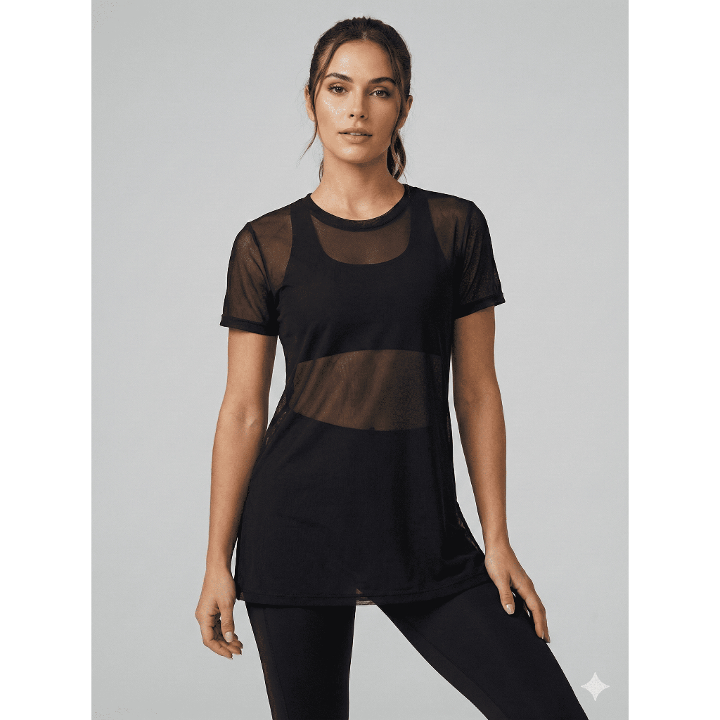 Blusa Feminina Transparente de Tule Manga Curta Camiseta Academia Treino em Oferta na Shopee