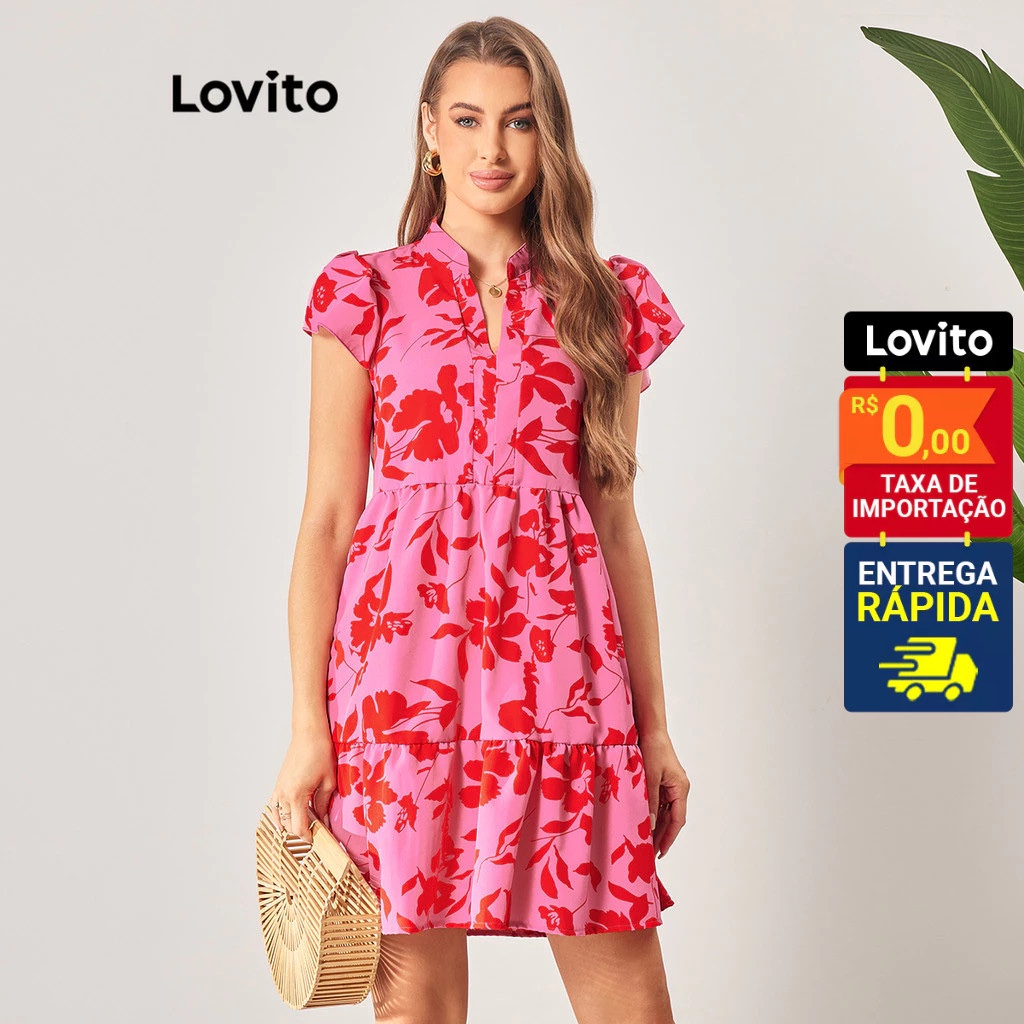 Lovito Vestido Feminino Curto Estampa Floral Com Babado Barra DRB6BR134 em Oferta na Shopee