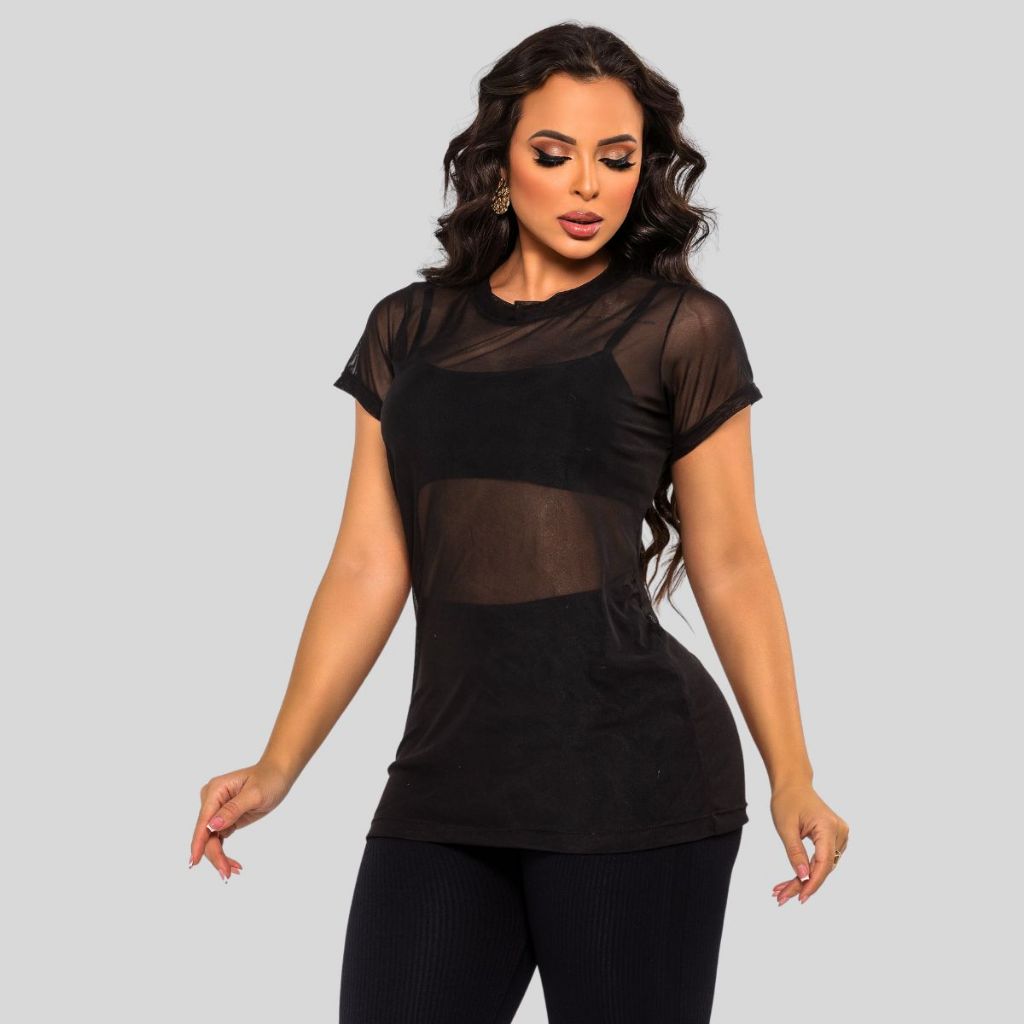 Blusa Feminina De Tule Com Manga Transparente Academia  Fitness Treino Camisão