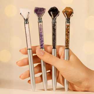 Caneta com Cristal Natural Pedra Bruta – Quartzo, Ametista, Ônix, Olho de Tigre – Elegante e Energética em Oferta na Shopee