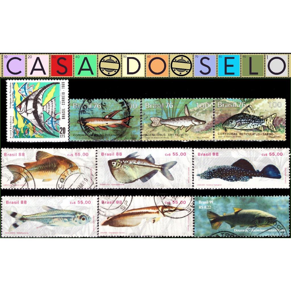 Brasil - Peixes - Acumulação com 10 selos - 1969 a 1999 - N/C - BR21369