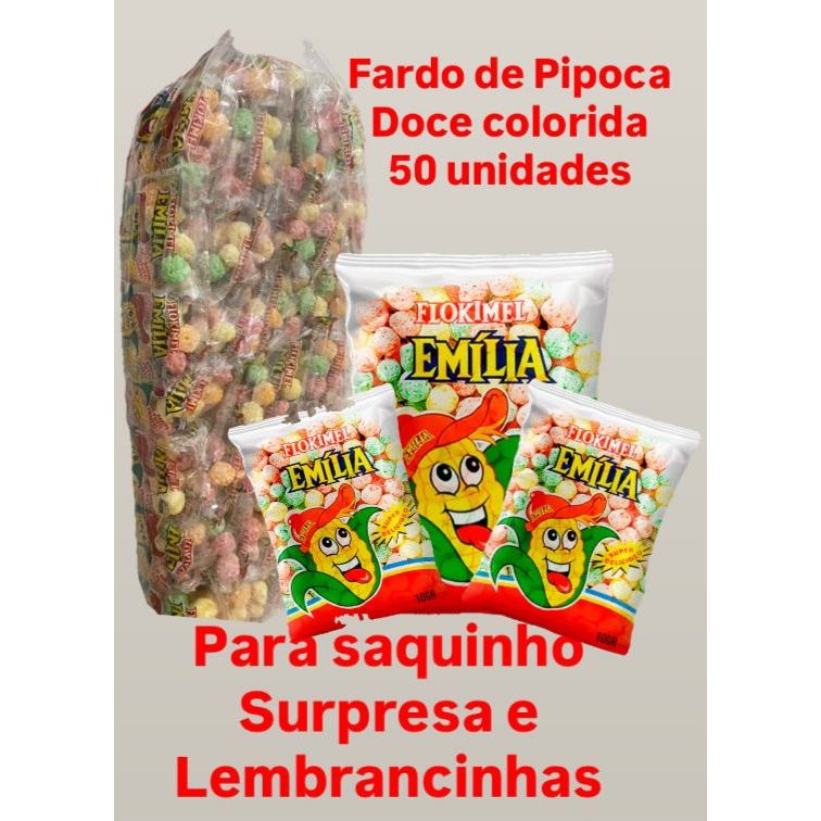 Fardo de Pipoca Doce Saquinho Saco 50 Unidades Lembrancinhas Festa doces Emilia Colorida 10 g
