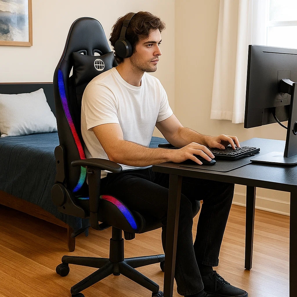 Cadeira Gamer Giratória RGB LED Reclinável Ajuste Altura Apoio Lombar Cabeça Escritório Sortida