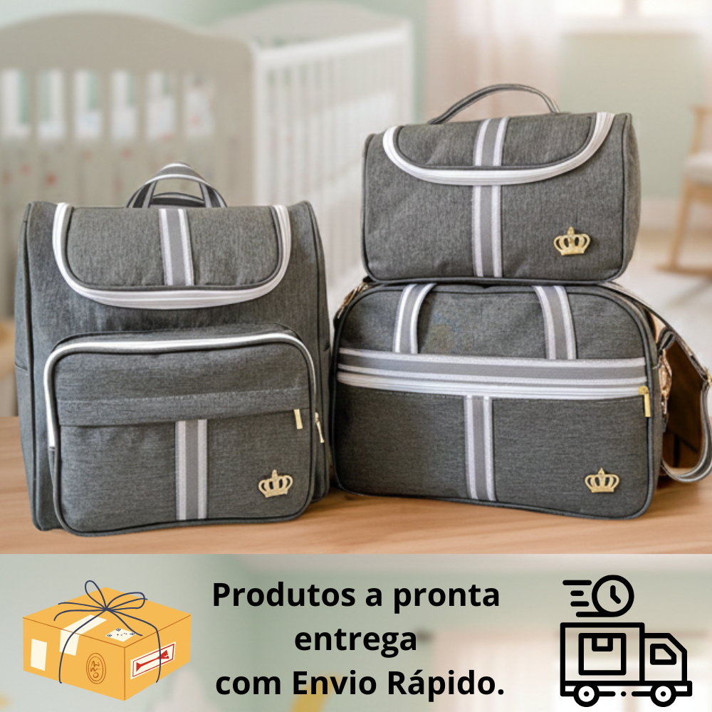Classic Cinza Kit Bolsas Maternidade 03 peças em Cinza.