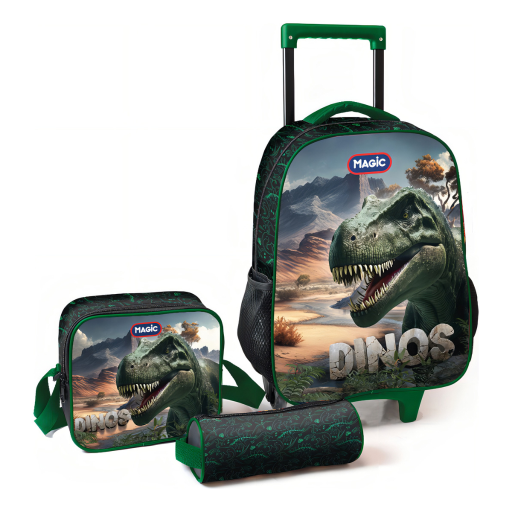 Kit Escolar - 1 Mala Escolar com Carrinho, 1 Lancheira e 1 Estojo - Dino