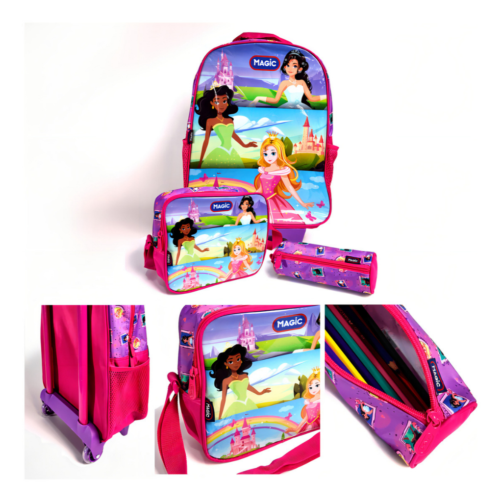 Kit Escolar - 1 Mala Escolar com Carrinho, 1 Lancheira e 1 Estojo - Princessas