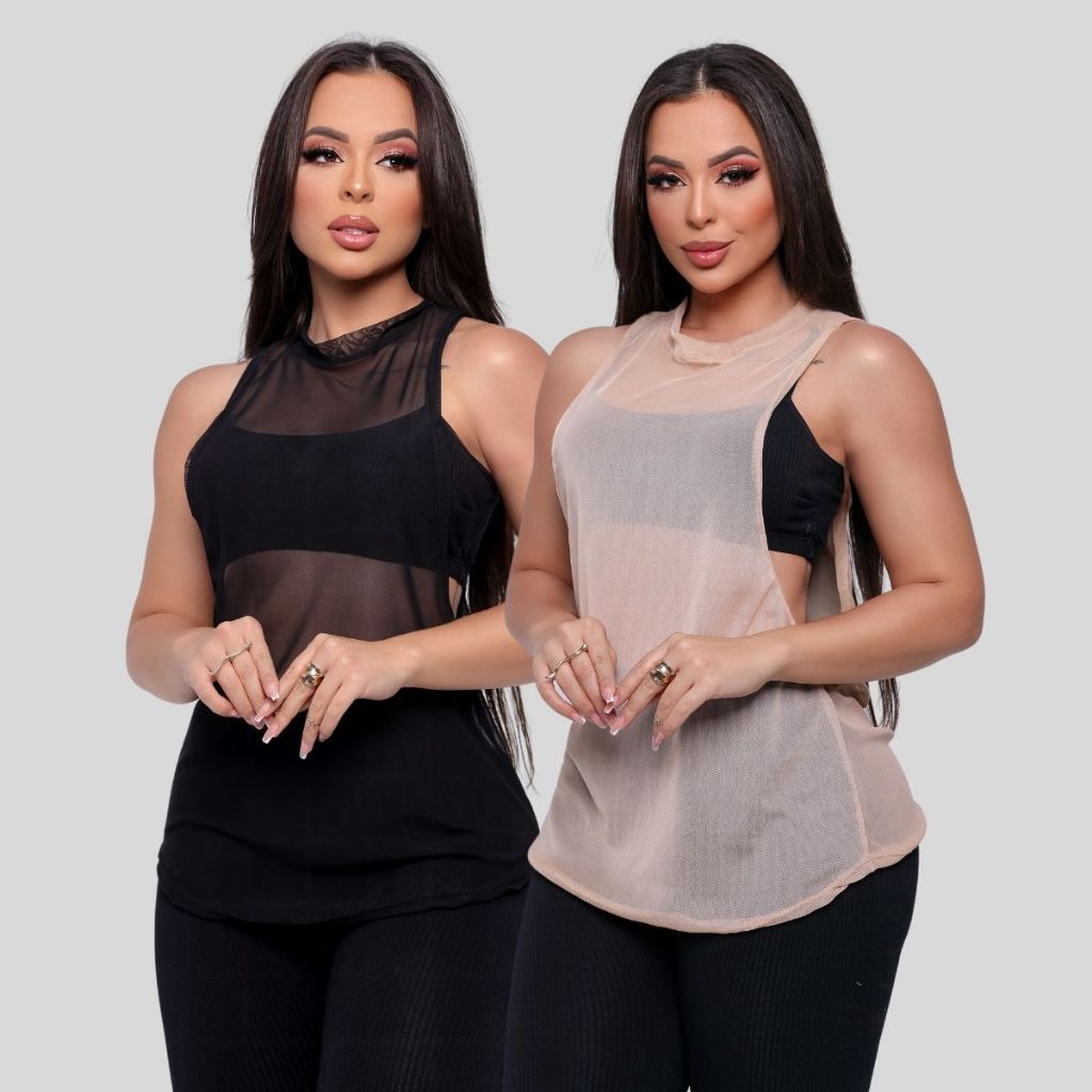 Kit 2 Regata Tule Feminina Fitness Transparente Academia  Blusa Leve e Estilosa para Treino